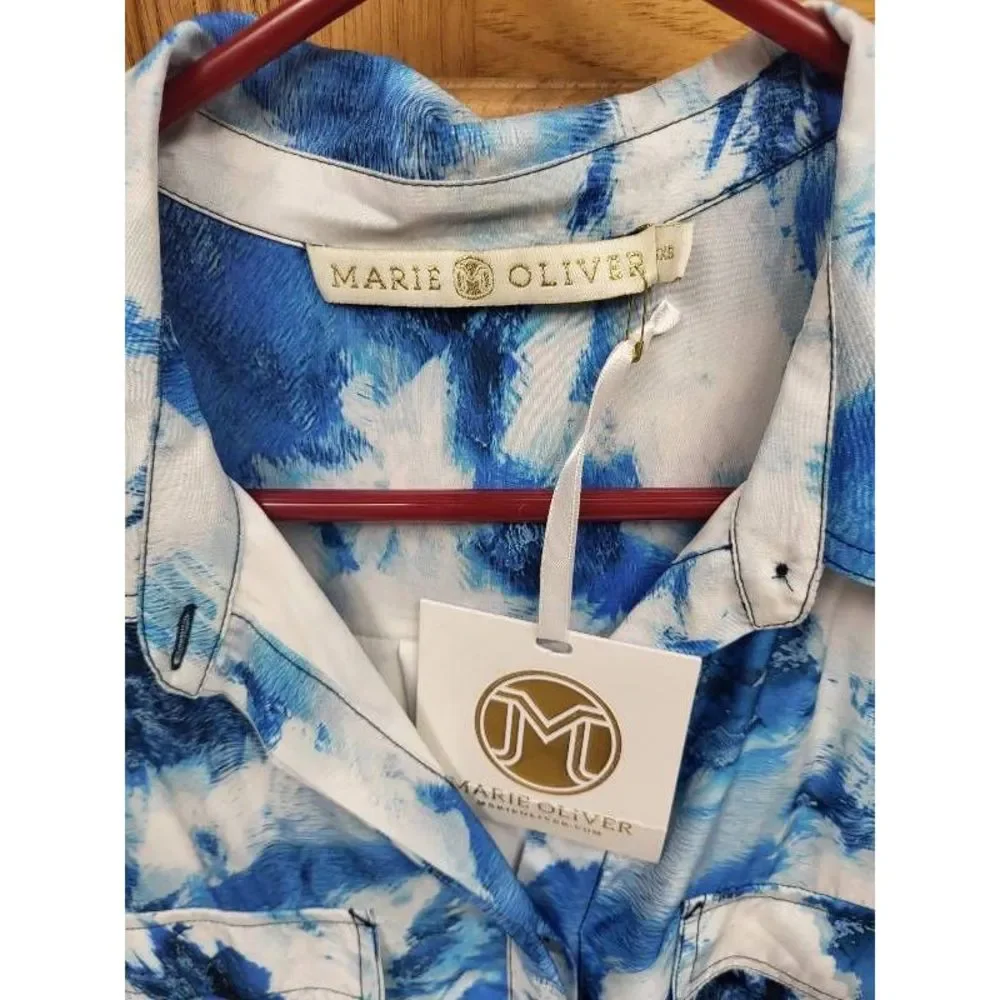 NEW $385 Marie Oliver Shirt Dress Women's XS Blue Tie Dye Pockets Collar Short_5